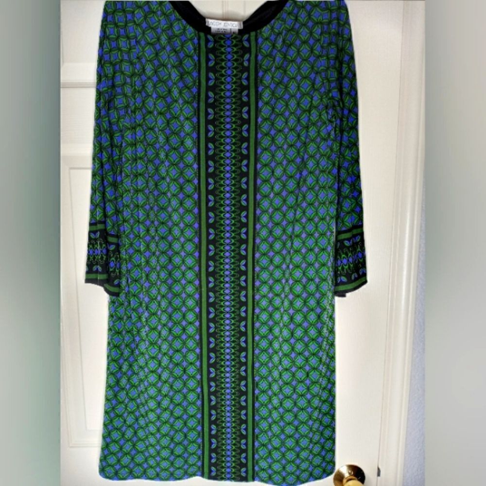 Maggy London 12 Womens FunkyGreenPurpleBueLeaf 3/4 SleeveLined Shift Midi Dress.